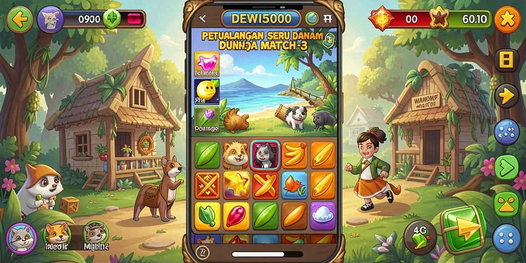Tampilan gameplay DEWI5000 dengan permata berwarna-warni yang menantang.