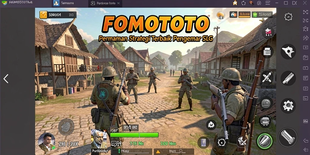 Screenshot gameplay FOMOTOTO yang menunjukkan pertempuran strategis.