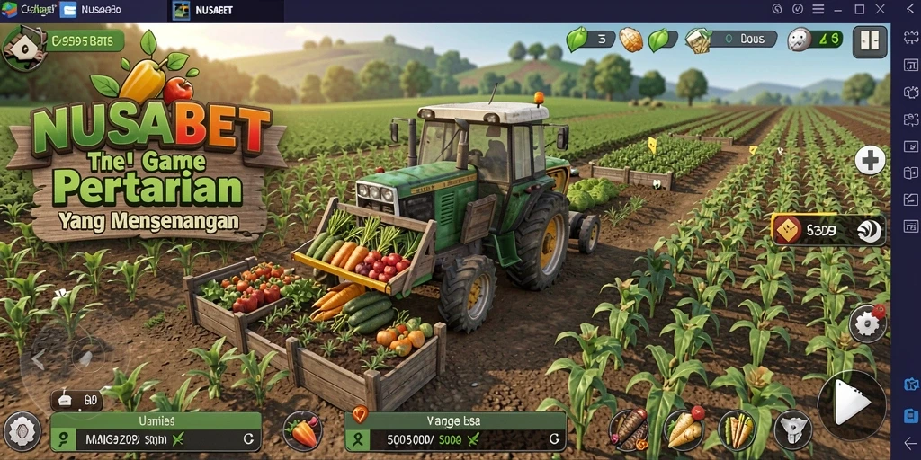 Screenshot gameplay NUSABET menampilkan ladang yang subur dan aktivitas bertani.