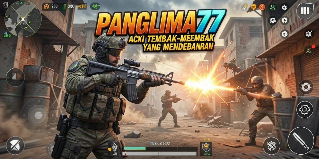 Screenshot gameplay menampilkan aksi menembak yang intens dalam PANGLIMA77.
