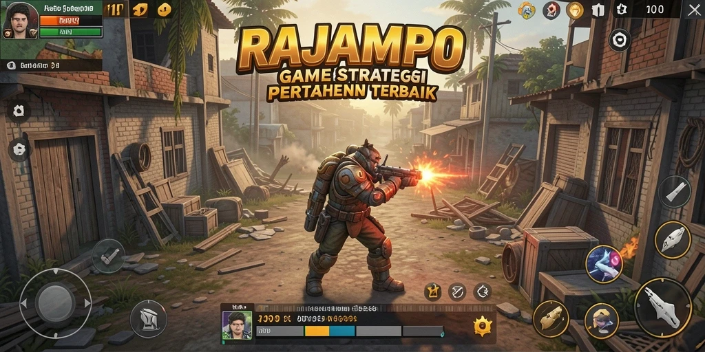 Tangkapan layar utama RAJAMPO menampilkan aksi pertempuran yang epik dan strategi yang cerdas.
