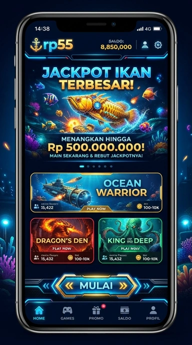 Tampilan utama aplikasi rp55 dengan berbagai kategori.